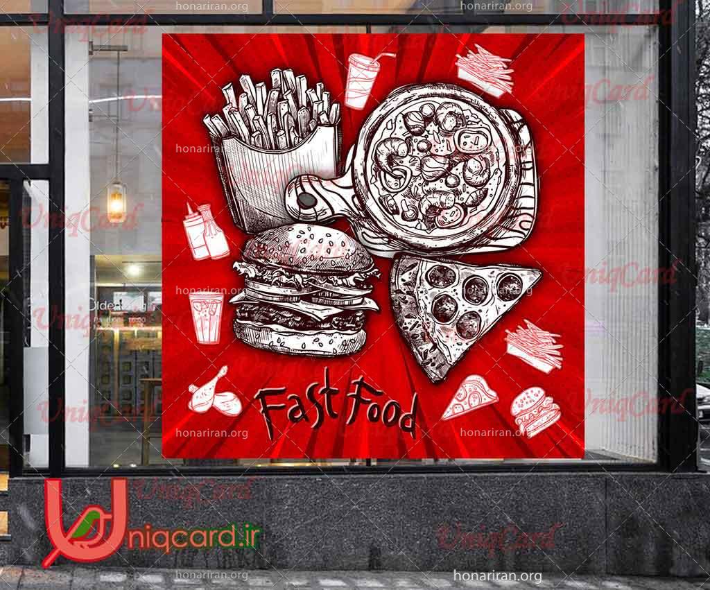 استیکر و برچسب شیشه رستوران و فست فود با طرح برگر و پیتزا و سیب زمینی و نوشابه