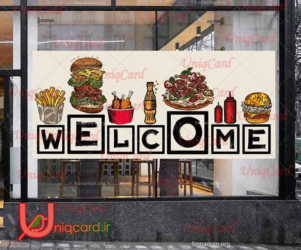 استیکر و برچسب شیشه رستوران و فست فود با طرح برگر و سیب زمینی و پیتزا روی حروف welcome