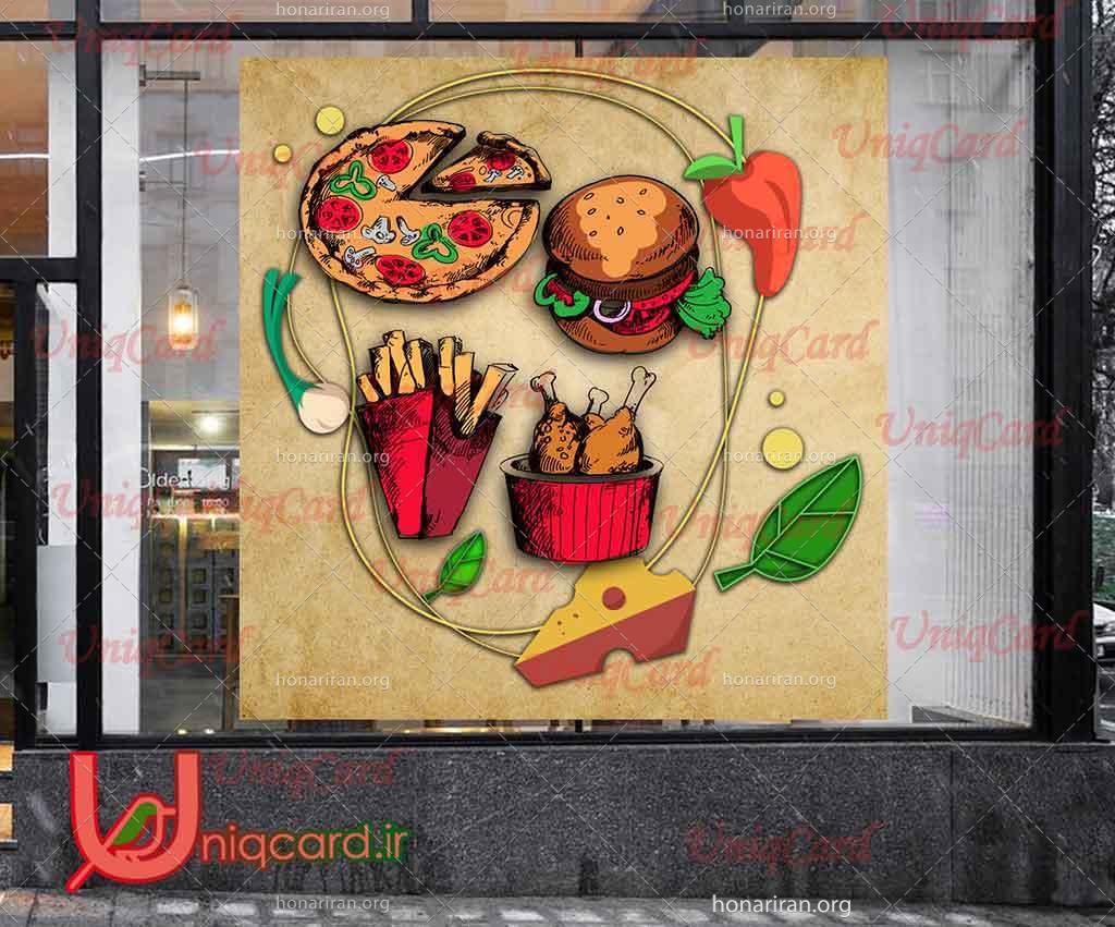 استیکر و برچسب شیشه رستوران و فستفود با طرح برگر و سیب زمینی و پیتزا و مرغ سوخاری