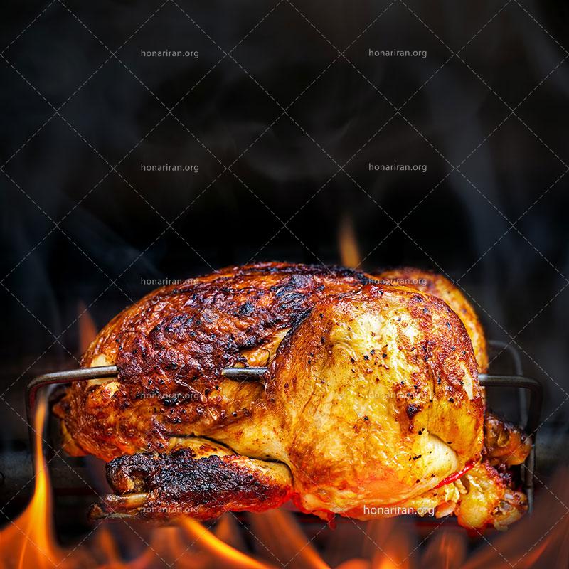 دانلود عکس و تصویر با کیفیت بالا و زیبای پختن مرغ با جوجه گردان روی شعله های آتش