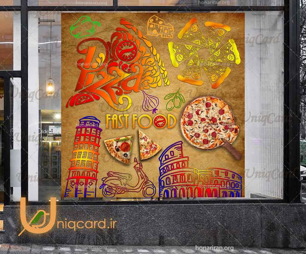 طرح استیکر و برچسب شیشه فستفود و رستوران با طرح پیتزا و ایتالیا