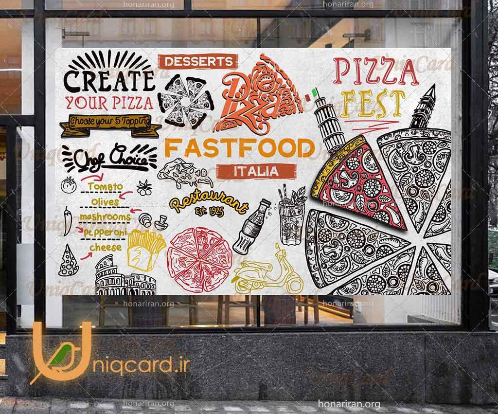 استیکر و برچسب شیشه فست فود و رستوران با طرح پیتزا و ایتالیا 2