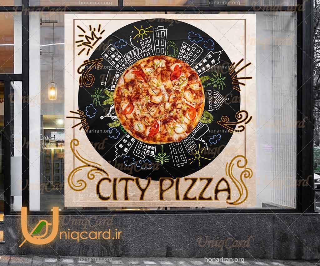 استیکر و برچسب شیشه فست فود و رستوران با طرح پیتزا و شهر