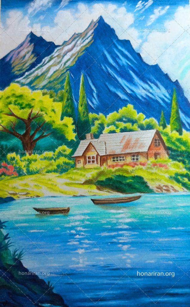 نقاشی منظره کلبه و دریا
