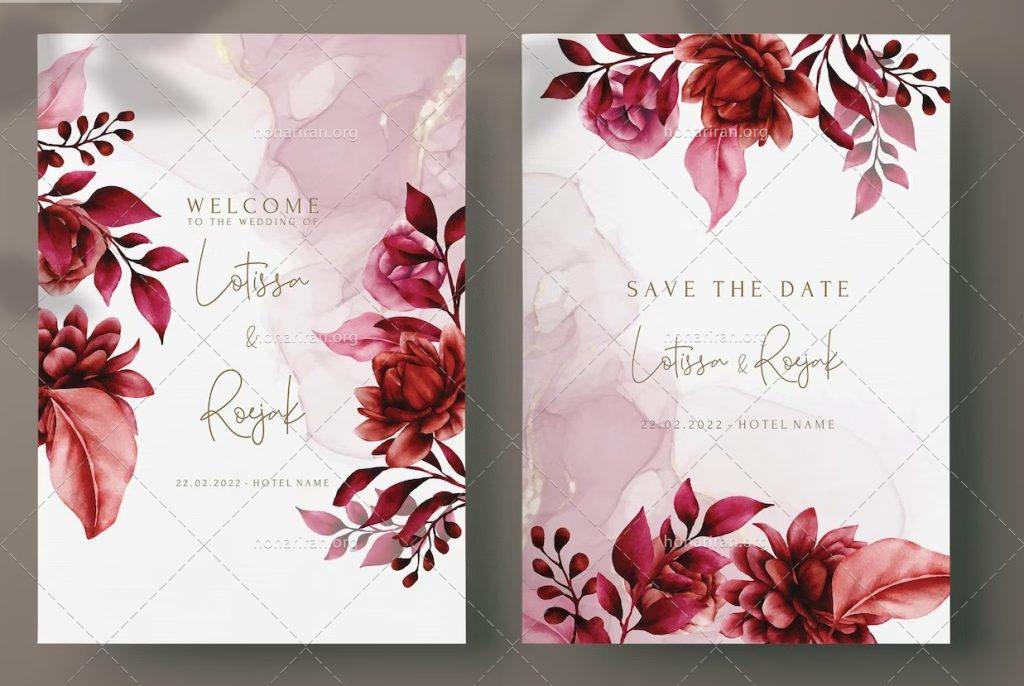 لایه باز قالب کارت دعوت عروسی شیک با گلهای قرمز زیبا PSD