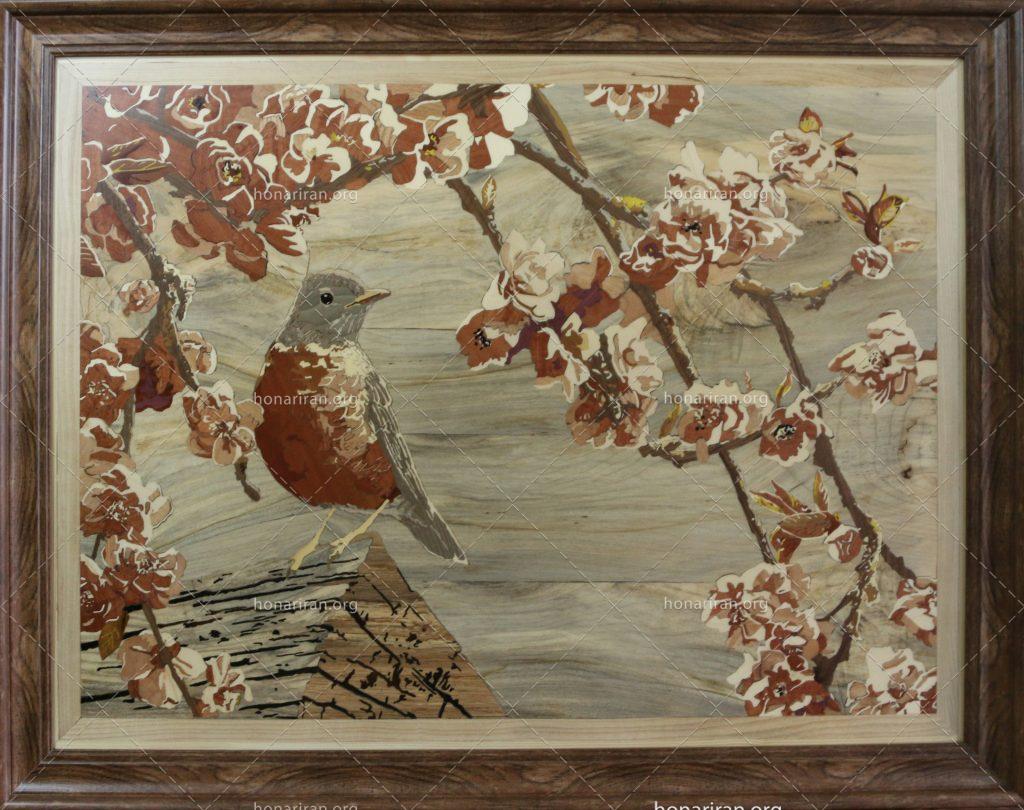 تابلو معرق چوب طرح سینه سرخ و شکوفه های گیلاس