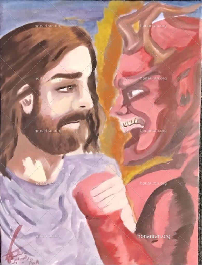 تابلو رنگ روغن زورآزمایی شیطان با عیسی مسیح