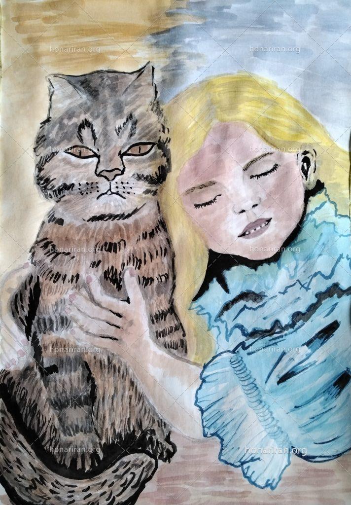نقاشی أب مرکب دختر موطلایی با کتی