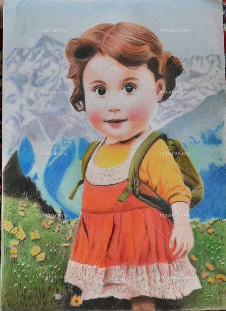 نقاشی مدادرنگی دختر بچه در کوهستان