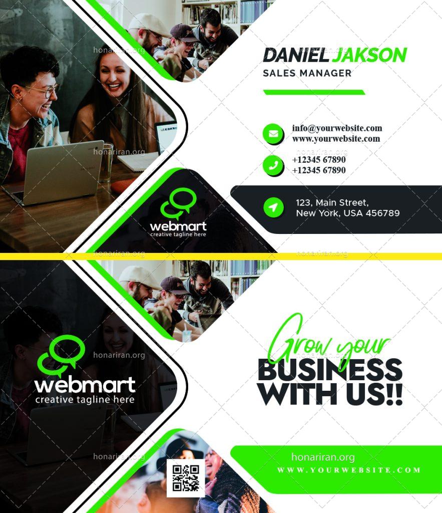 دانلود فایل لایه باز کارت ویزیت کسب و کار تجاری و مدیریتی با رنگ بندی سفید و سبز با طرح مثلثی