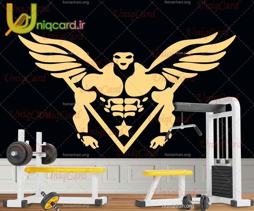 فایل لایه باز ai ایلوستریتور استیکر و برچسب دیوار و شیشه باشگاه ورزشی مردانه با طرح مرد فیتنس بالدار