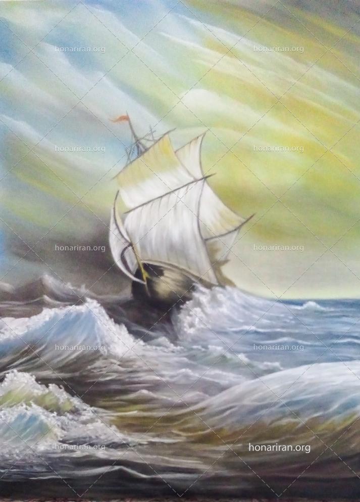 تابلو نقاشی دریای طوفانی و کشتی