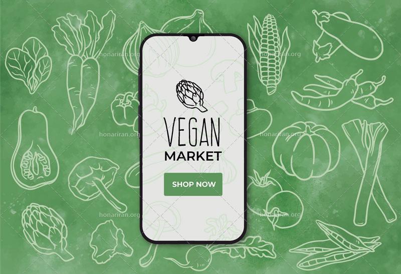طرح آماده بنر فروشگاه غذای گیاهخواران داخل تلفن همراه