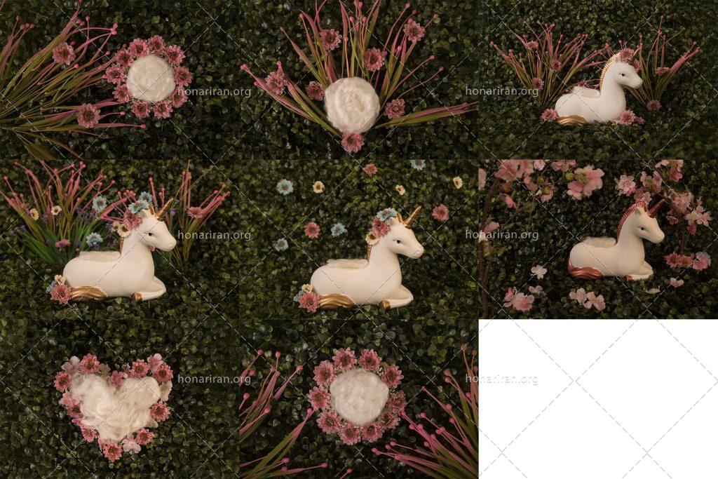 دانلود مجموعه بکگراند یا بک دراپ کیفیت بالا برای طراحی و مونتاژ عکس نوزاد و کودک طرح یونیکورن و گلهای بهاری