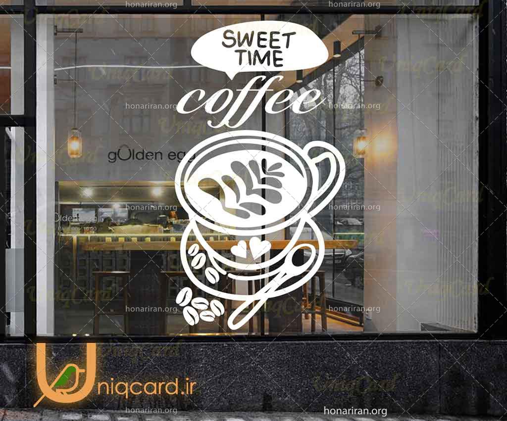 طرح لایه باز cdr کورل دراو استیکر و برچسب دیوار و شیشه کافی شاپ با طرح فنجون قهوه و دونه های coffee