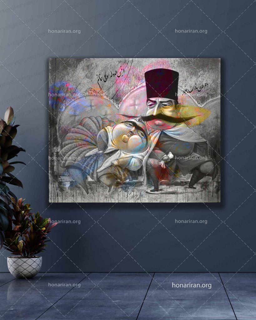 تابلو قاجار مدرن سایز 80-80 سانت بوم پهن – بدون نیاز به قاب کردن، تکنیک چاپ روی بوم