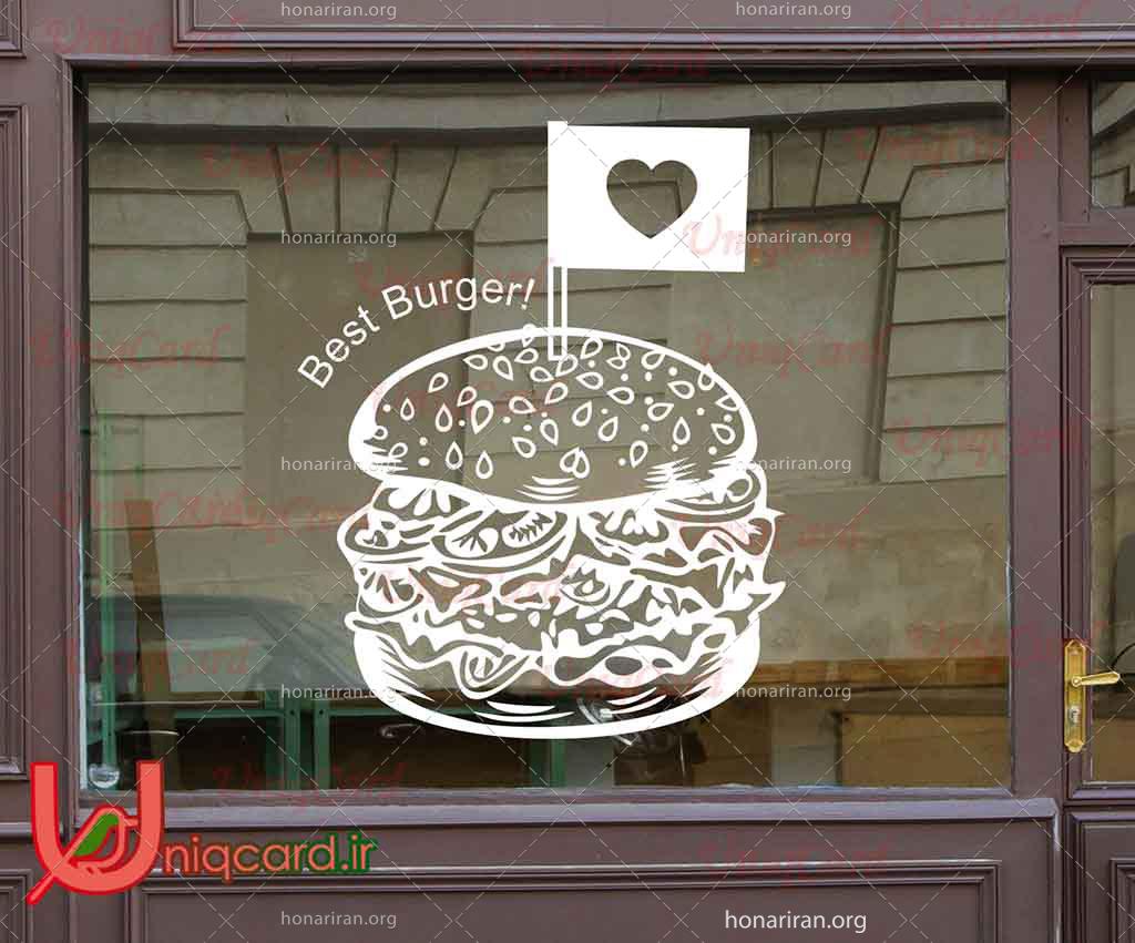 طرح لایه باز CDR ایلوستریتور استیکر و برچسب دیوار و شیشه رستوران با طرح برگر جدید با پرچم قلب
