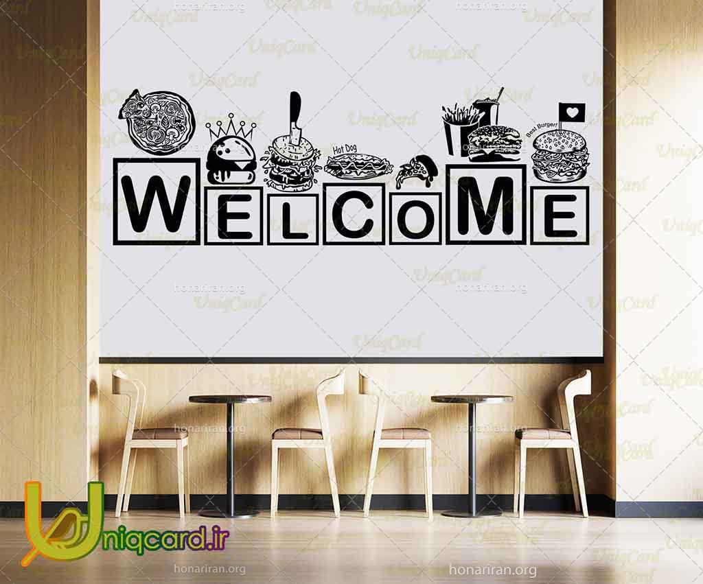 طرح لایه باز CDR ایلوستریتور استیکر و برچسب دیوار و شیشه رستوران با طرح برگر و پیتزا و حروف welcome