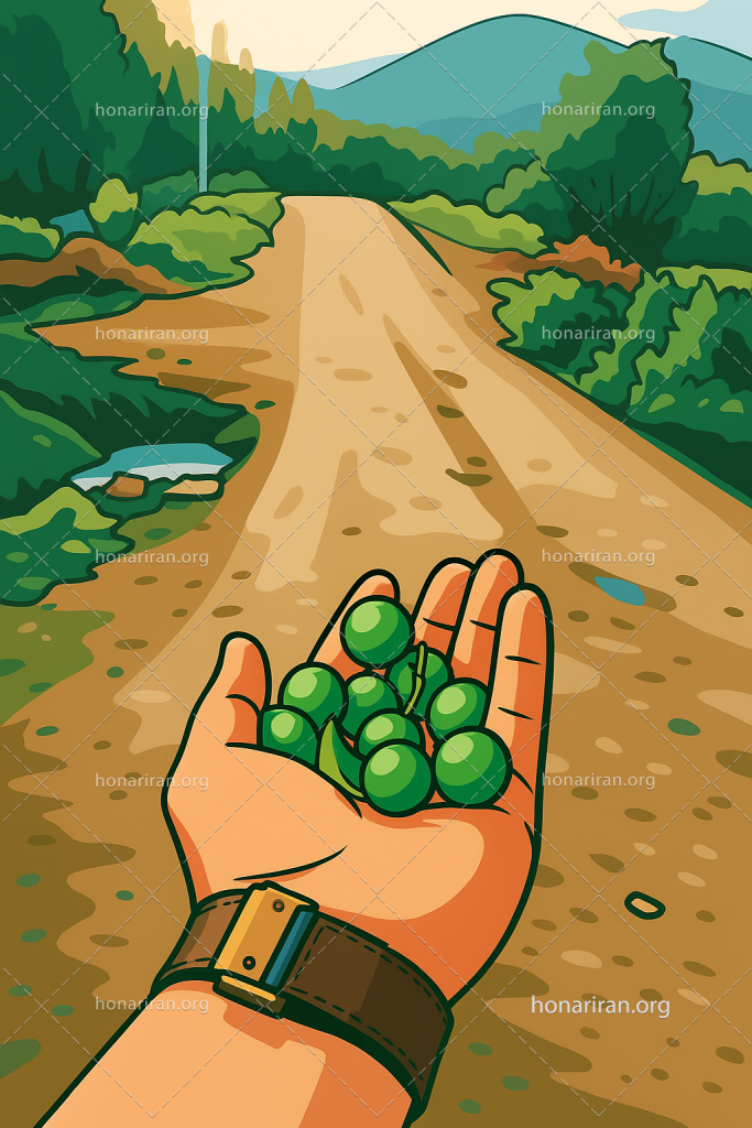 Hand holding green fruits on a country road – Vector illustration