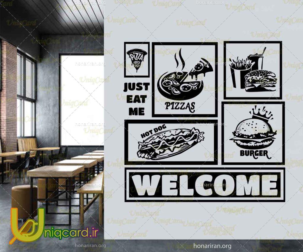 طرح لایه باز CDR کورل دراو استیکر و برچسب دیوار و شیشه رستوران با طرح پیتزا و برگر و سوخاری و welcome