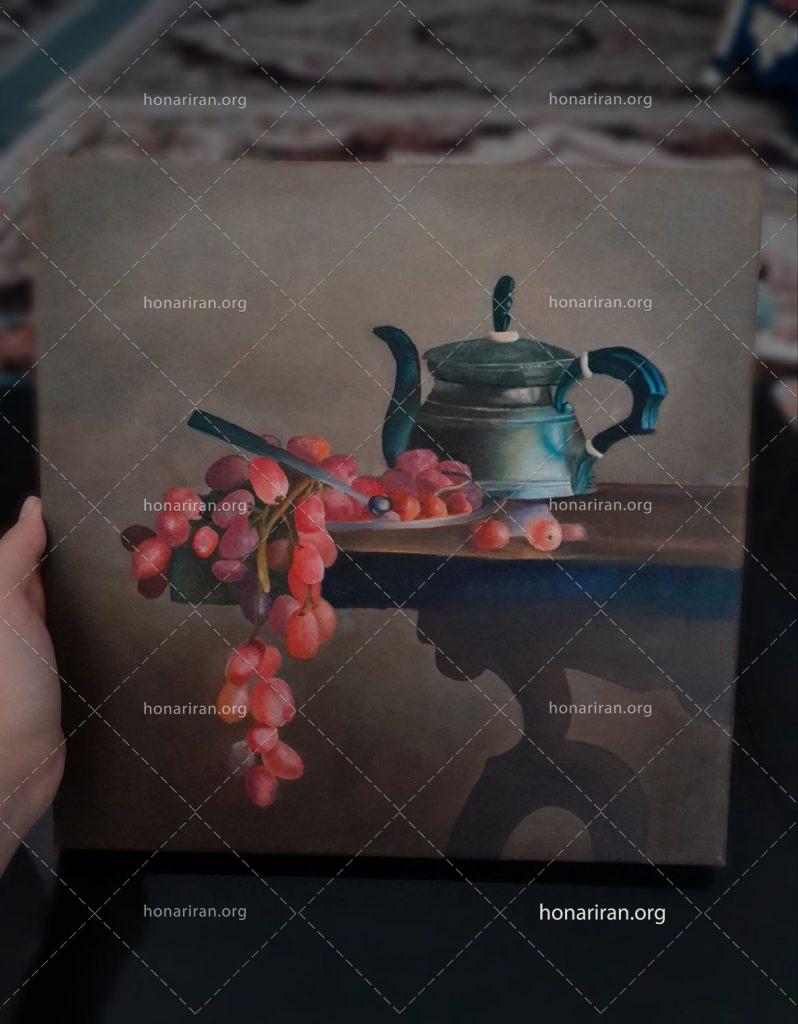 تابلو رنگ‌ روغن قوری و انگور