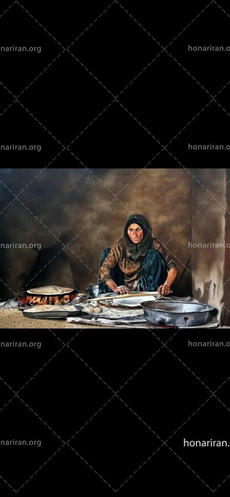 تابلو رنگ روغن زن روستایی در حال پختن نان