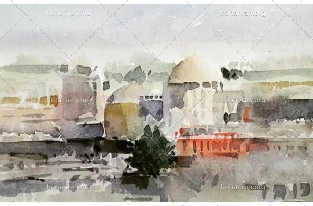 نقاشی آبرنگ،نمایی از شهر یزد