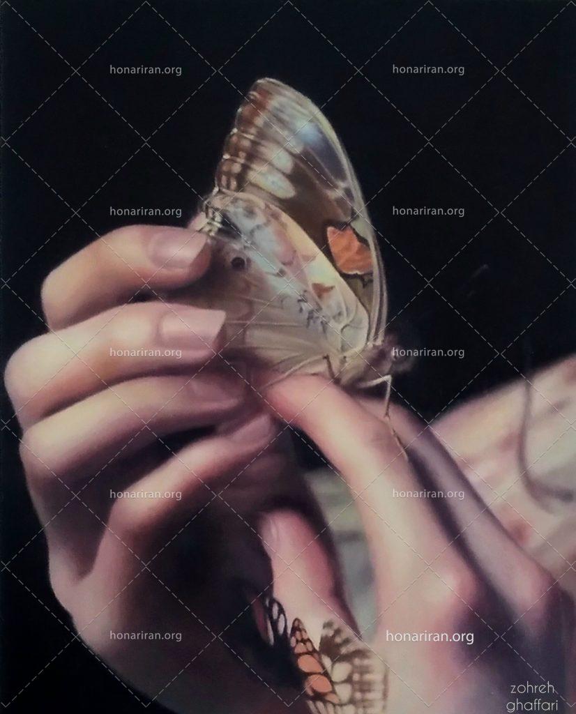 تابلو نقاشی رنگ روغن پروانه دردست