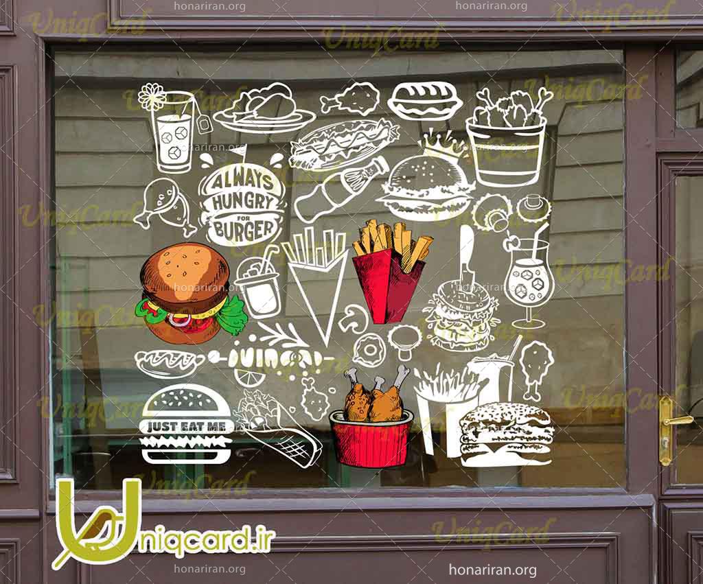 طرح لایه باز استیکر و برچسب شیشه رستوران با طرح مرغ و قارچ سوخاری و ساندویچ و برگر
