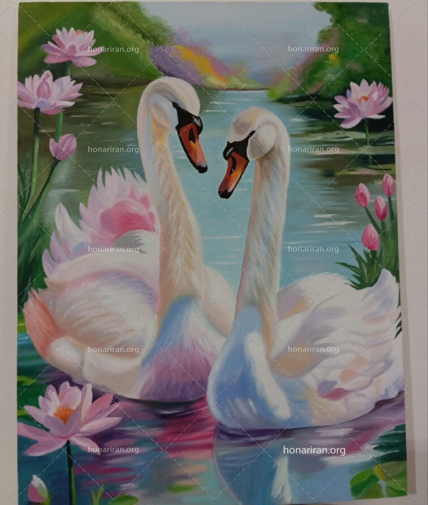 تابلو رنگ روغن قو های عاشق