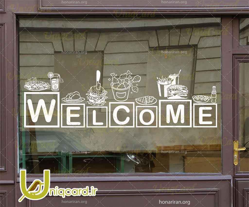 طرح لایه باز استیکر و برچسب دیوار و شیشه رستوران با طرح اسنک و ساندویچ و مرغ سوخاری و حروف welcome