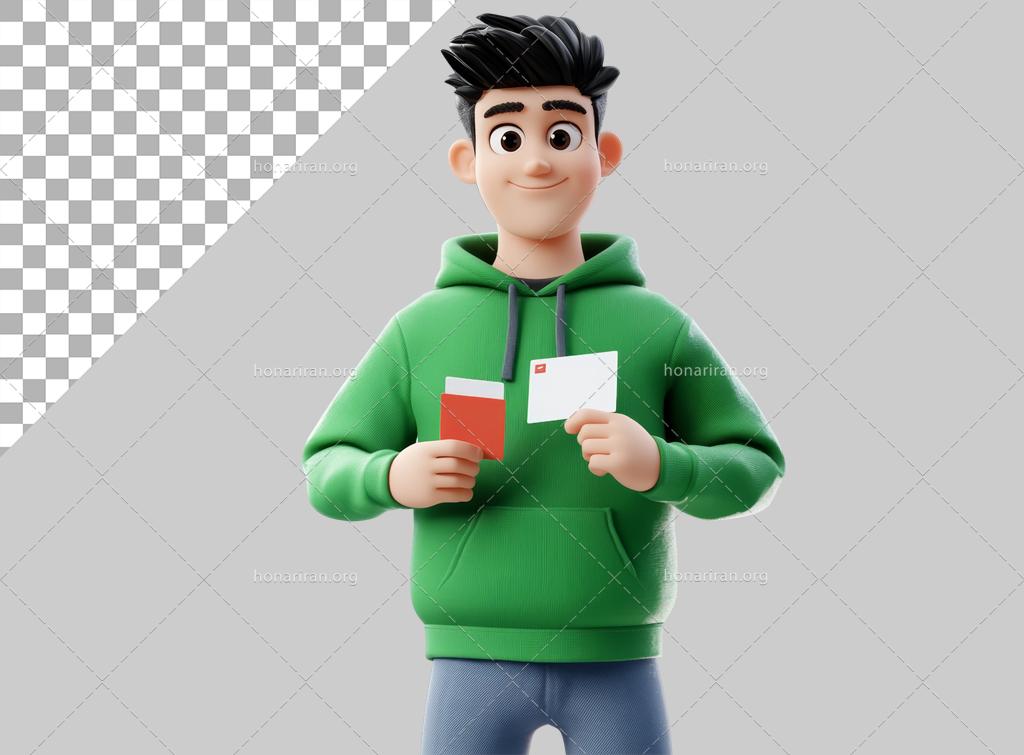 فایل لایه باز تصویر کاراکتر پسر جوان با کارت پستال