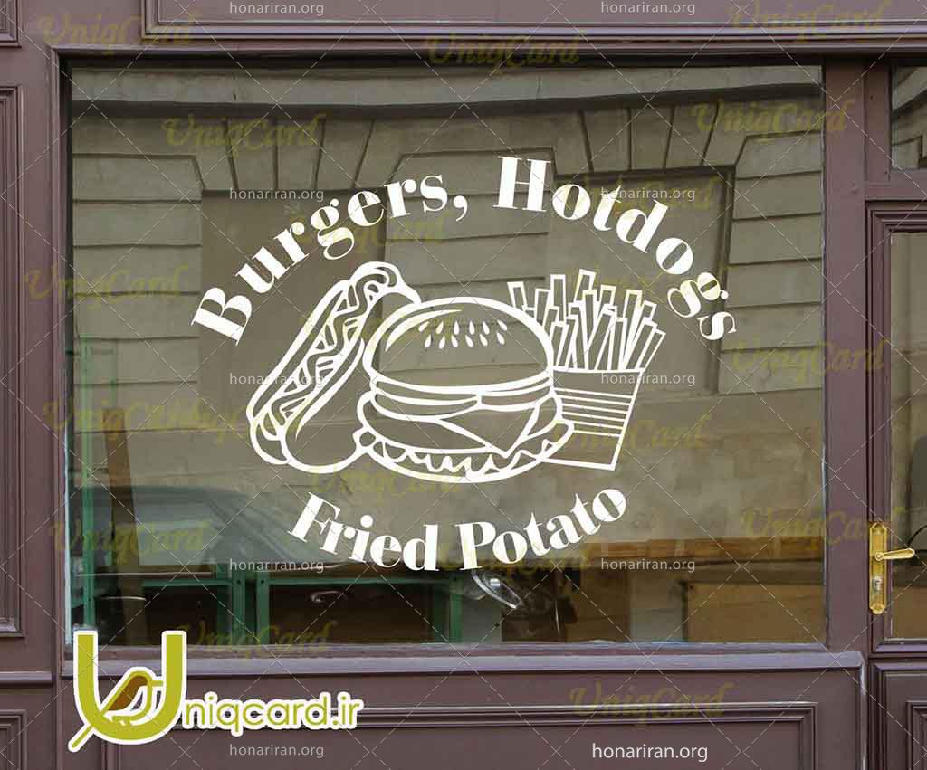 طرح لایه باز استیکر و برچسب شیشه رستوران با طرح برگر و ساندویچ هات داگ و سیب زمینی سوخاری