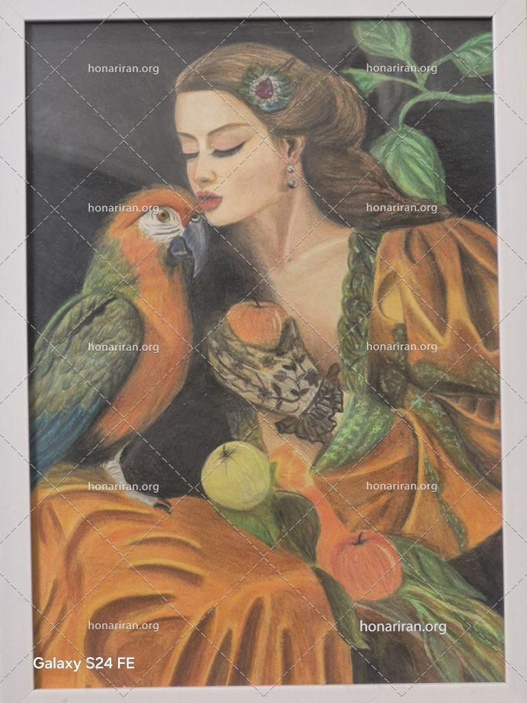 تابلو مداد رنگی دختر و طوطی