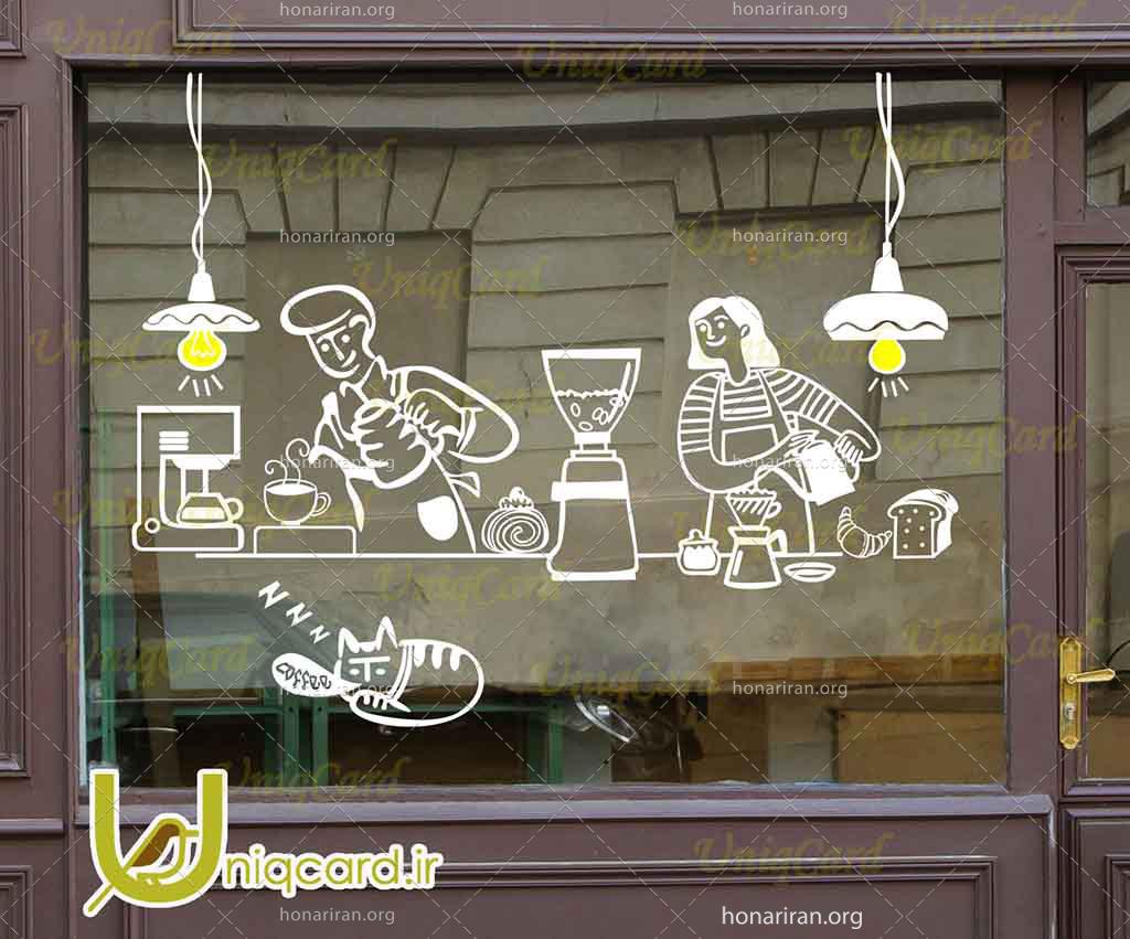 طرح لایه بازاستیکر و برچسب شیشه کافی شاپ با طرح کافی من ها درحال سرو قهوه و دونات و کیک و گربه خوابیده