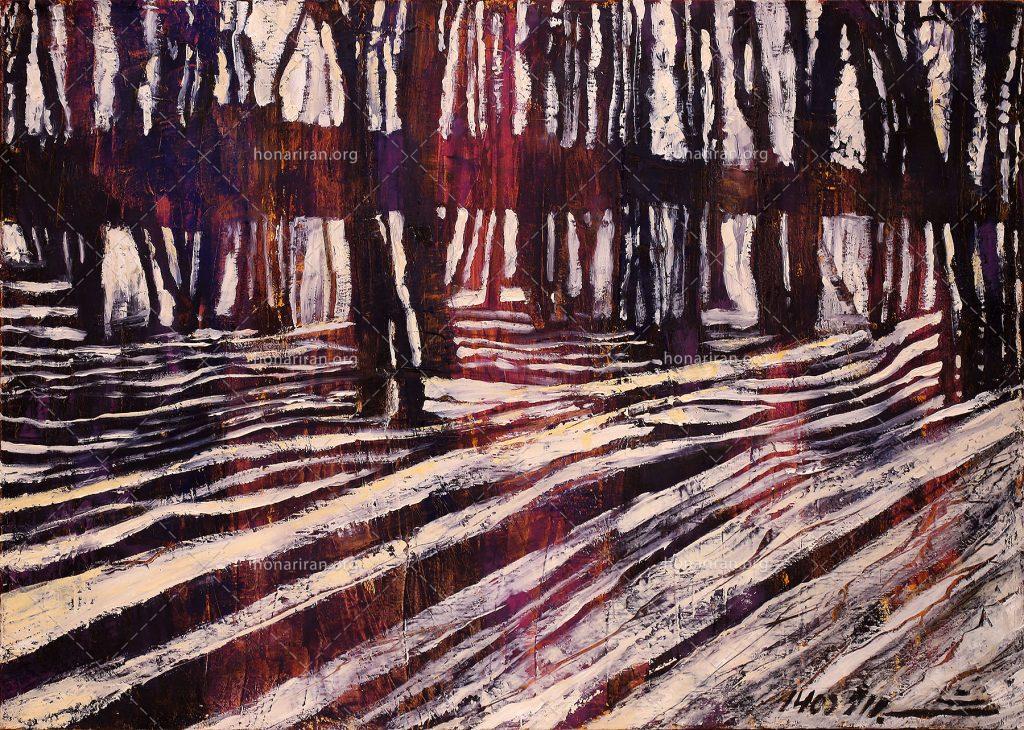 نقاشی رنگ روغن درخت با نور و سایه