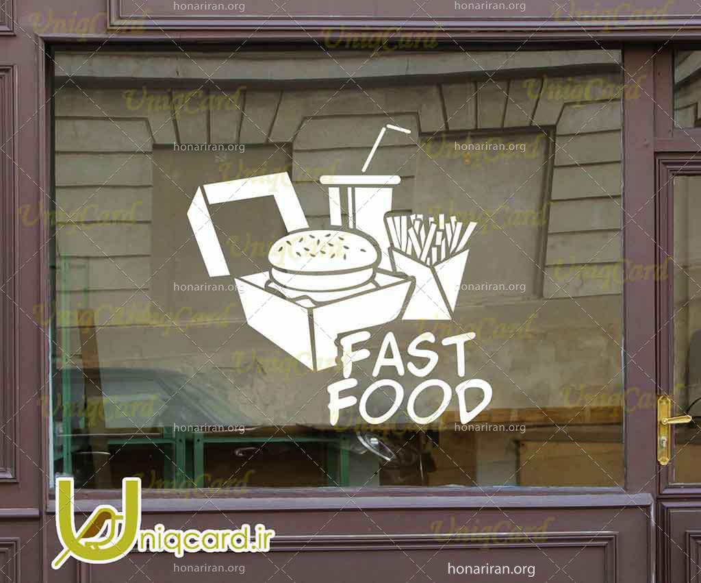 طرح لایه باز استیکر و برچسب شیشه رستوران با طرح برگر و سیب زمینی سوخاری و نوشابه