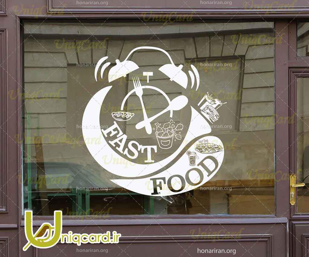 طرح لایه باز استیکر و برچسب شیشه رستوران با طرح انواع فستفود و غذای سریع