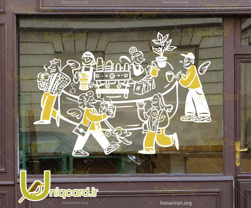 طرح لایه باز استیکر و برچسب شیشه کافی شاپ با طرح مشتری های کافه درحال خوردن قهوه