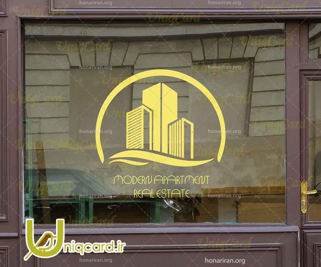 طرح لایه باز استیکر و برچسب شیشه مشاور املاک با طرح برج و آپارتمان