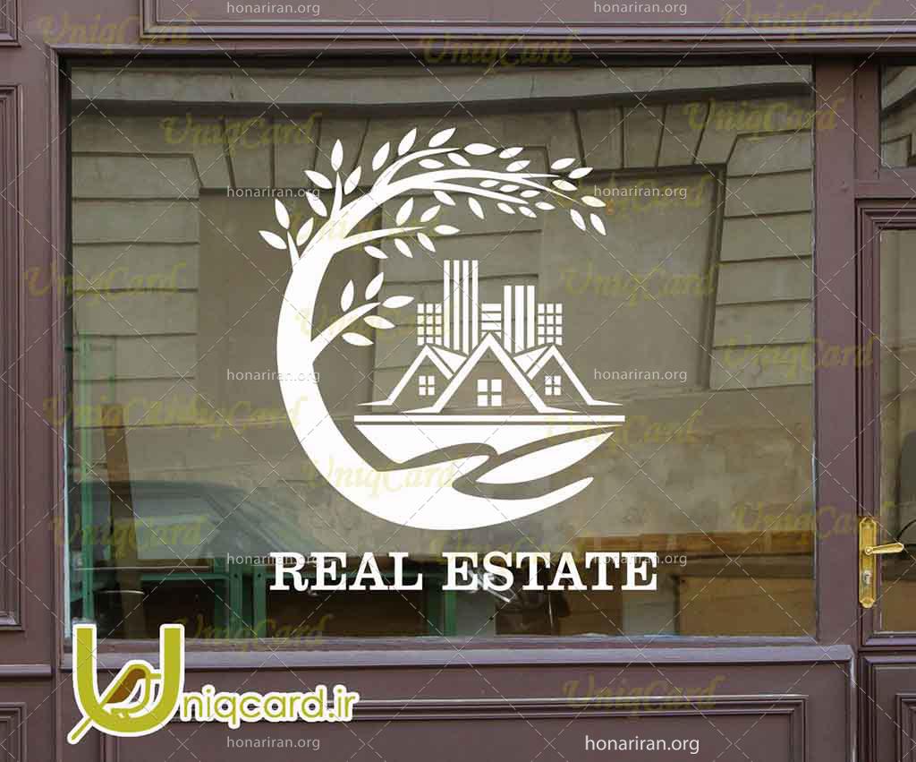 طرح لایه باز استیکر و برچسب شیشه مشاور املاک با طرح خونه و آپارتمان و درخت زندگی