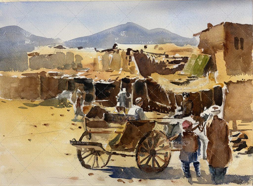 نقاشی آبرنگ صحرا و گاری