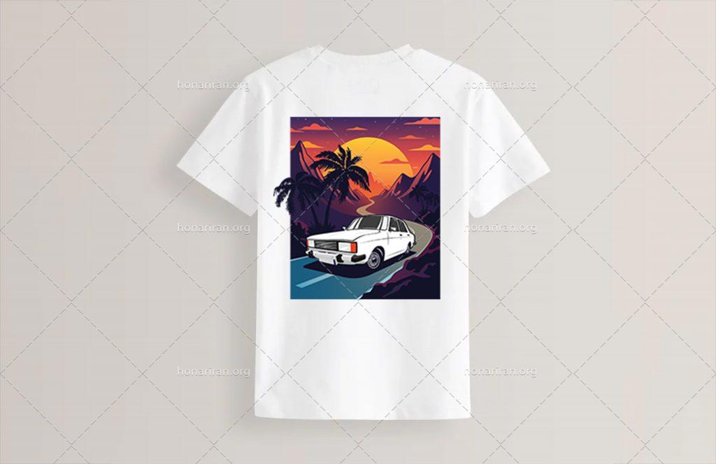 طرح لایه باز تیشرت افق غروب و خودرو پیکان