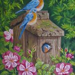 نقاشی گواش پرندگان و لانه