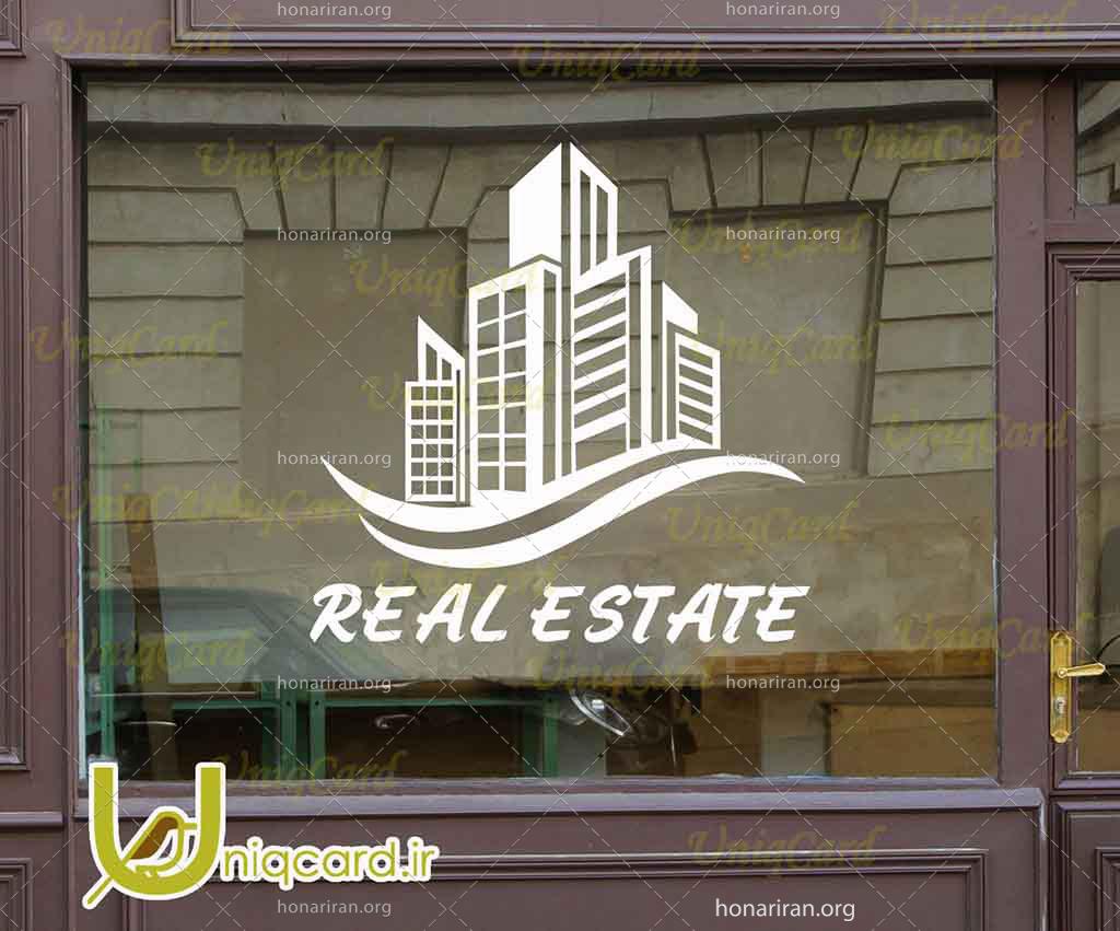 طرح لایه باز استیکر و برچسب شیشه مشاور املاک با طرح مجتمع آپارتمانی