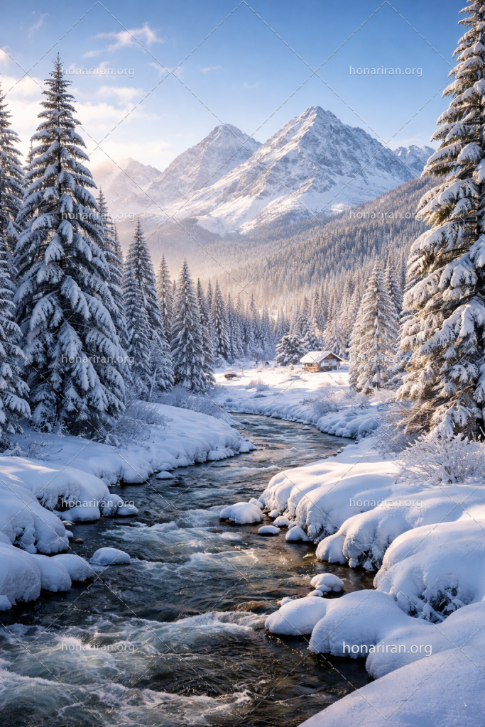 تصویر هوش مصنوعی ، رودخانه یخی منظره کوهستانی