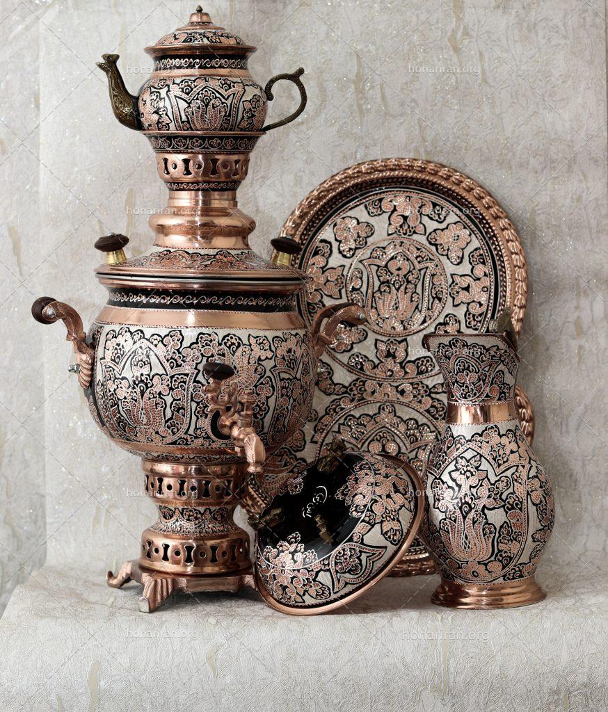 ست سماور4 لیتری ذغالی نقره کوب الماس تراش زنجان