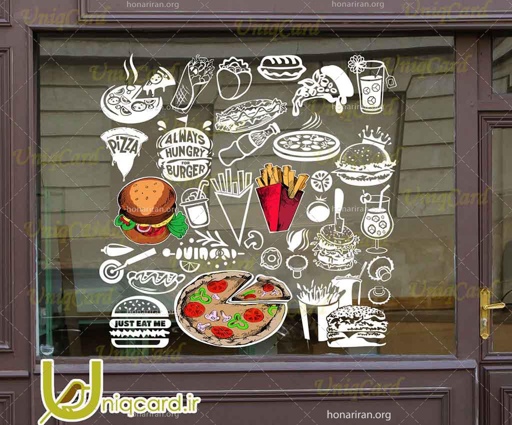 طرح لایه بازاستیکر و برچسب شیشه رستوران با طرح ساندویچ و برگر و پیتزا