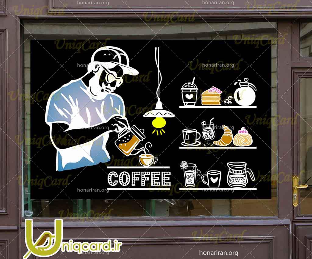 طرح لایه بازاستیکر و برچسب دیوار و شیشه کافی شاپ با طرح کافی من و کروسان و قهوه و رولت