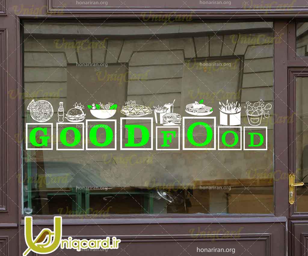 طرح لایه بازاستیکر و برچسب شیشه فست فود با طرح ساندویچ و برگر و پیتزا و پاستا پنه و سالاد